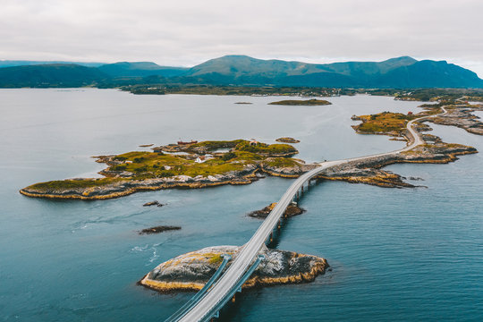 Drone aerial view of Atlantic Ocean Road, Norway