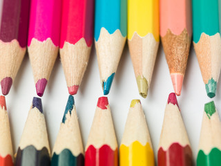 Fototapeta premium various colors of pencils on a white background, copy space