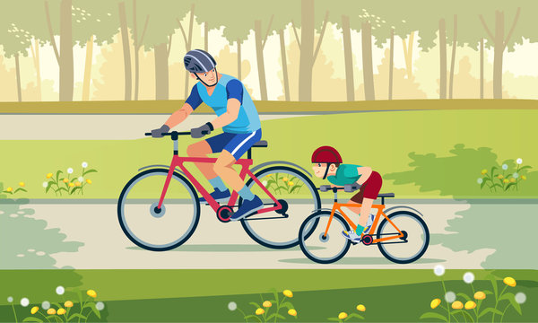 Cycling. Active holidays. Father and son are riding bikes in the park. Happy family is riding bikes outdoors and smiling. Vector illustration.