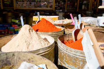 Variety of spices in medina of Marrakech, Morroco, North Africa