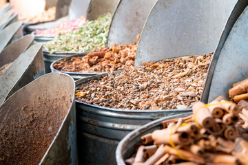 Variety of spices in medina of Marrakech, Morroco, North Africa