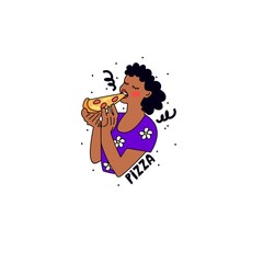 Handdrawn vector cartoon illustration of a girl eating pizza. Cute, funny sketch. - 315334690
