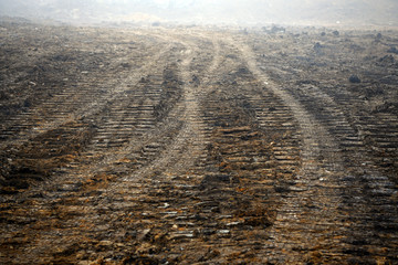  Interesting traces of bulldozers in the mud. Beautiful mud texture and colors. Muddy background.