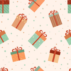 Pattern, colorful gift boxes with ribbons and bows.
