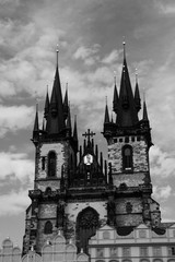 The Church of Our Lady before Týn on Old Town square. Travel to Prague, Czech Republic. Black and white.