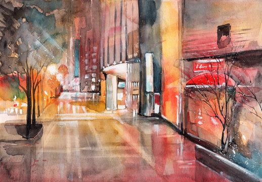 Watercolor picture of a rainy night  city street, illuminated by the light  of street lamps, with neon signs  and shop widows