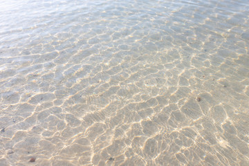 Texture pattern of blue ocean water and bright ripple water and surface transparent and sunlight In the morning. Background sea top view
