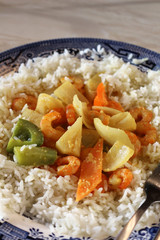 Thai Satay Prawn Dish with Basmati Rice served on a Plate