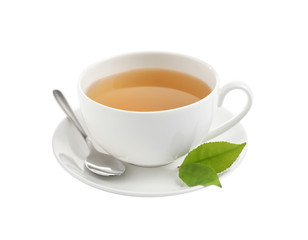 Cup of green tea and leaves isolated on white