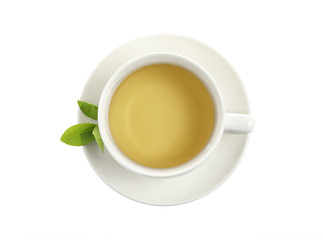 Cup of green tea and leaves isolated on white, top view