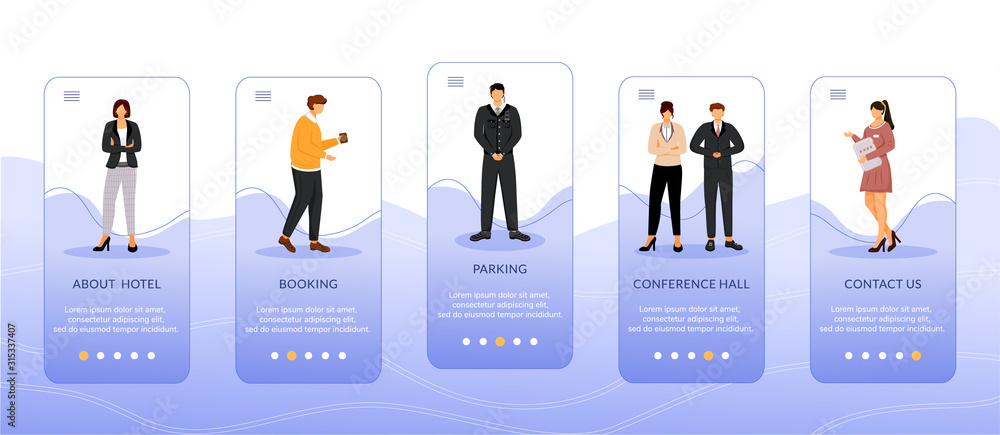 Poster hotel accomodation onboarding mobile app screen vector template. walkthrough website steps with flat