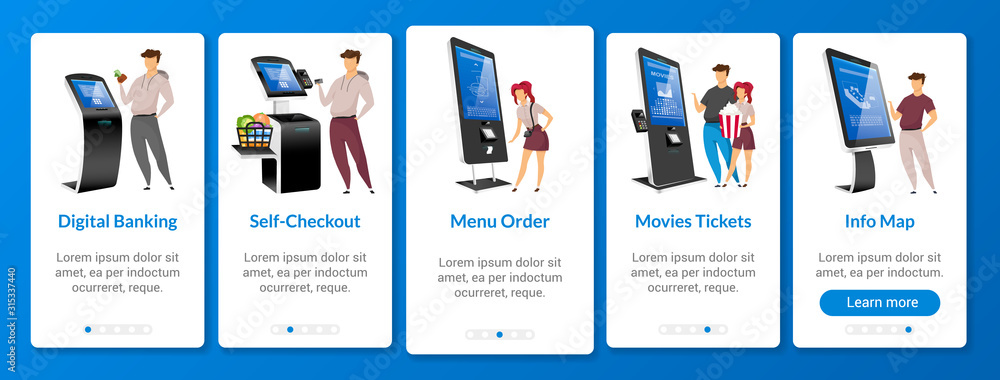 Poster digital banking onboarding mobile app screen flat vector template. self order kiosk walkthrough webs