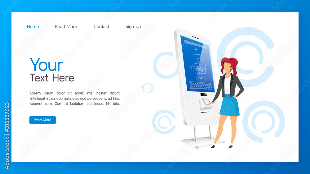 Aufkleber self order kiosk landing page vector template. restaurant touchscreen panel website interface idea w