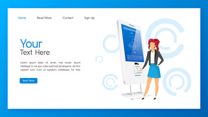 Self order kiosk landing page vector template. Restaurant touchscreen panel website interface idea with flat illustrations. Innovative interactive panel homepage layout. Customer service web banner