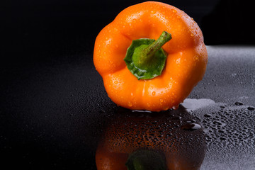 Wet capsicum annuum is in focus. Pepper is reflected in the surface. Food theme.