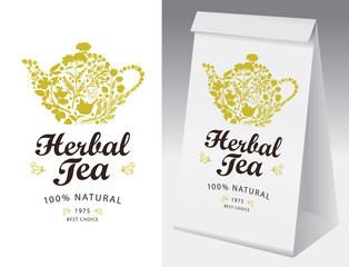 Paper packaging and label for herbal tea. Vector label for herbal tea with a teakettle consisting of various herbs. White paper 3D package with this label.