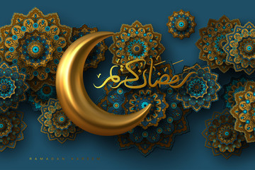 Ramadan Kareem banner with 3d metallic golden crescent moon, paper cut abstract arabesque flowers and Arabic handwritten calligraphy. Translation Ramadan Kareem. Vector.