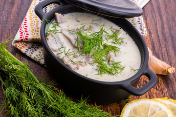 turkish traditional tripe soup; iskembe corbasi and offal soup