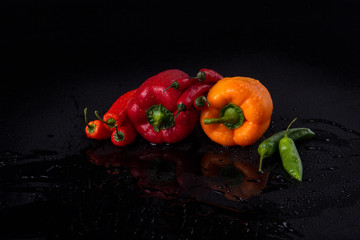Pepper team on wet surface. Various capsicum annuumm. Chili and bell pepper. Food concept.