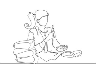 Continuous single drawn one line bookkeeper accountant works with documents