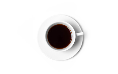 Isolated white cup of coffee on white background top view