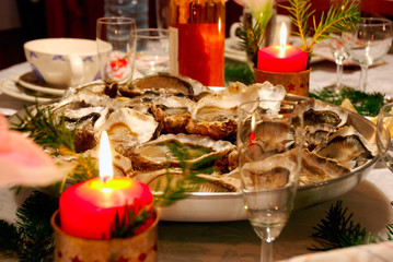 Elegant event table with plate of oysters in shells, champagne glasses and candles.