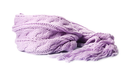 Violet knitted scarf isolated on white. Warm accessory