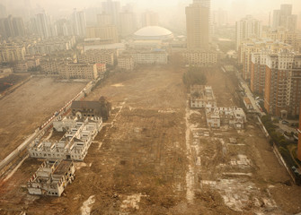 Renewing entire area of mega city, destruction of old small buildings in Shanghai.