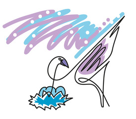 One continuous line drawing of bird and three eggs. Simple line art drawing of mother bird and bird nest.