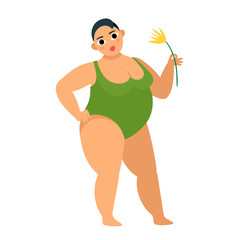 Vector illustration of bodypositive woman in swimsuit isolated on white.