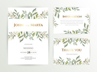 Wedding invite. Set of card with leaves and geometrical frame. Design with forest green leaves, eucalyptus, fern & golden geometric frame. Floral Trendy templates for banner, flyer, poster, greeting. 
