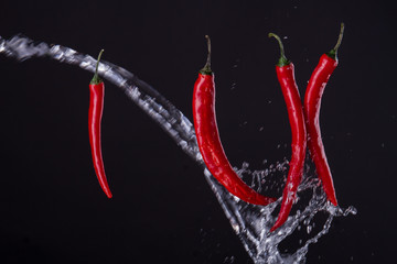 Cayenne peppers crossed with the stream of water. Wet pepper pods. Food concept.