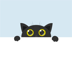 curious cute black cat with big yellow eyes, cartoon flat vector illustration with blank banner for text poster