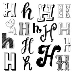 Hand drawn set of different writing styles for letter H