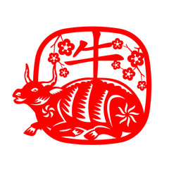 Red paper cut chinese Ox cow zodiac and flower in Rounded rectangle frame and china word mean ox vector design