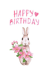 Watercolor, cute Bunny with a sprig of  flowers. Postcard with the text  