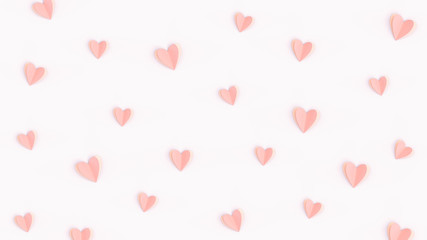 Pink cute hearts made of paper isolated on bright pink background, flat lay composition. Romantic paper-cut heart pattern, Valentines day concept, minimalist backdrop. Love wallpaper, pastel colors.