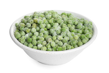 Frozen peas in bowl isolated on white. Vegetable preservation