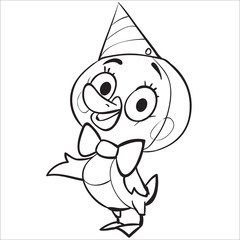 cute duckling is drawn in outline in a holiday hat, childhood, holiday, fun, isolated object on a white background,