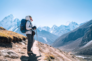 Young hiker backpacker female taking a walking with trekking poles during high altitude Everest Base Camp route near Dingboche,Nepal. Ama Dablam 6812m on background. Active vacations concept - obrazy, fototapety, plakaty