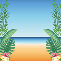Fototapeta na wymiar summer time in beach tropical leaves monstera flowers hibiscus sand sea
