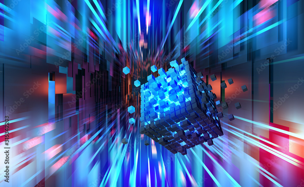 Poster Digital technology. High speed data transfer. Information flow in 3D illustration. Movement in futuristic neon cyberspace