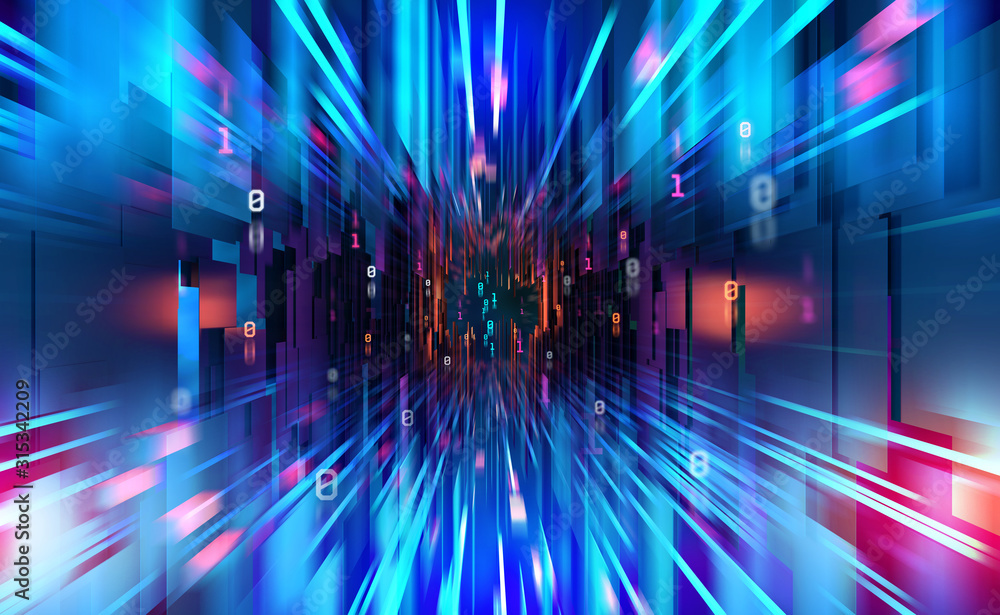Poster Digital technology. High speed data transfer. Information flow in 3D illustration. Movement in futuristic neon cyberspace