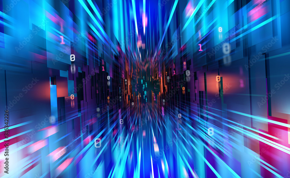 Poster Digital technology. High speed data transfer. Information flow in 3D illustration. Movement in futuristic neon cyberspace