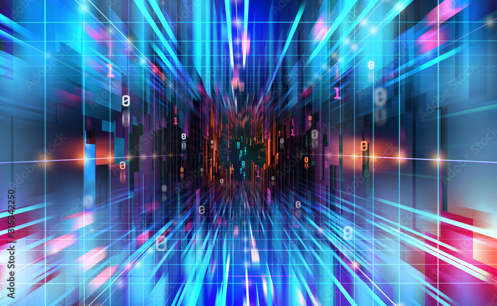 Poster Digital technology. High speed data transfer. Information flow in 3D illustration. Movement in futuristic neon cyberspace