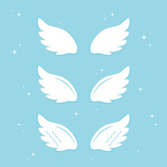 Flying angel wings with gold nimbus. Wings and nimbus. Angel winged glory halo cute cartoon drawings illustration vector set