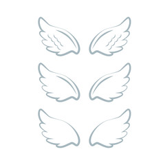 Flying angel wings with gold nimbus. Wings and nimbus. Angel winged glory halo cute cartoon drawings illustration vector set