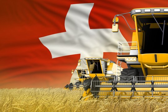3 yellow modern combine harvesters with Switzerland flag on farm field - close view, farming concept - industrial 3D illustration