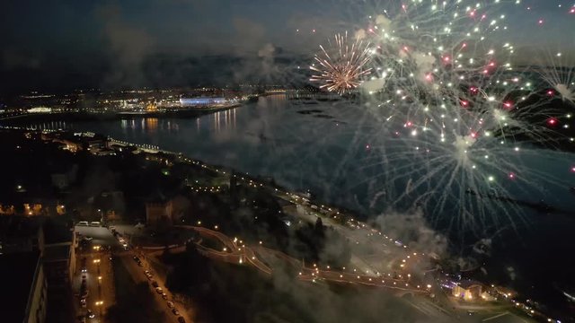 Night wonderful Salute Nizhny Novgorod Chkalovskaya Stair Kremlin Stadium Nizhny Novgorod aerial