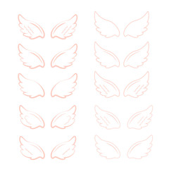 Flying angel wings with gold nimbus. Wings and nimbus. Angel winged glory halo cute cartoon drawings illustration vector set